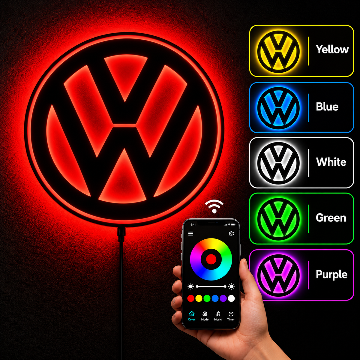 Volkswagen VW logo LED wall sign with warm yellow backlighting on a dark wall, automotive decor for garages and car enthusiasts.