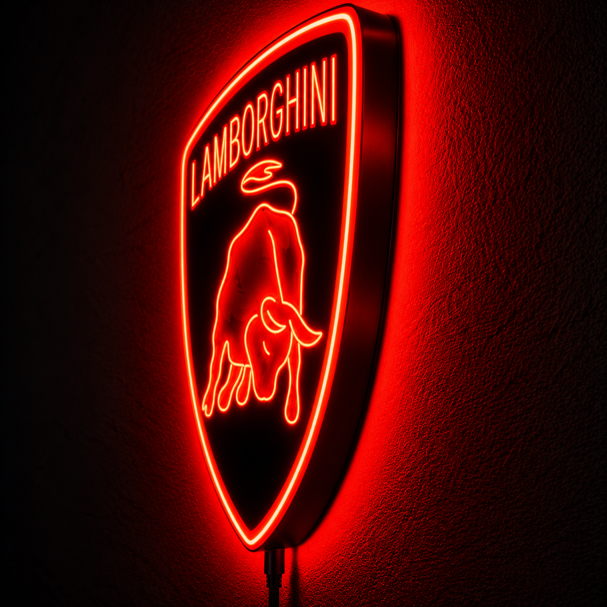 Lamborghini shield logo LED wall sign glowing yellow above a sofa in a modern living room