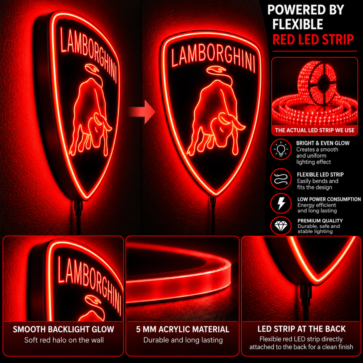 Lamborghini shield logo LED wall sign glowing yellow above a sofa in a modern living room