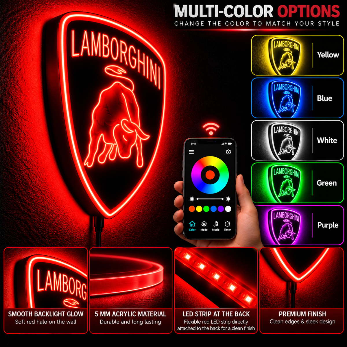 Lamborghini shield logo LED wall sign glowing yellow above a sofa in a modern living room