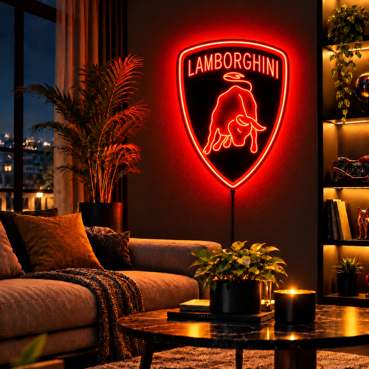 Lamborghini shield logo LED wall sign glowing yellow above a sofa in a modern living room