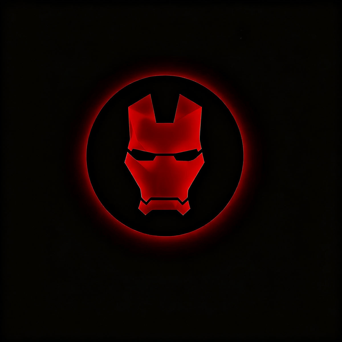 Iron Man LED wall lamp featuring a black helmet silhouette with glowing red and yellow-orange lighting on a brick wall
