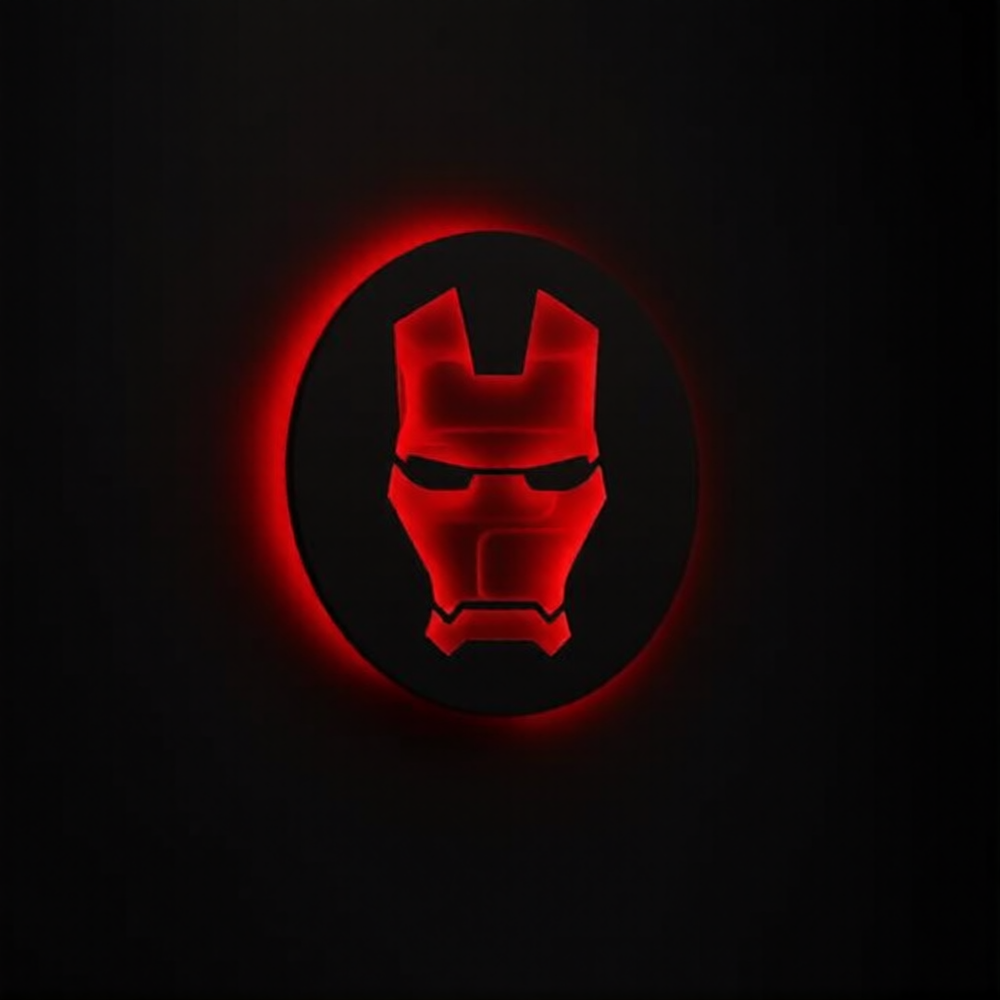 Iron Man LED wall lamp featuring a black helmet silhouette with glowing red and yellow-orange lighting on a brick wall
