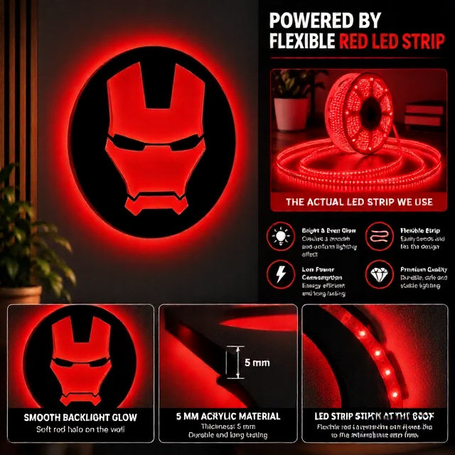 Iron Man LED wall lamp featuring a black helmet silhouette with glowing red and yellow-orange lighting on a brick wall
