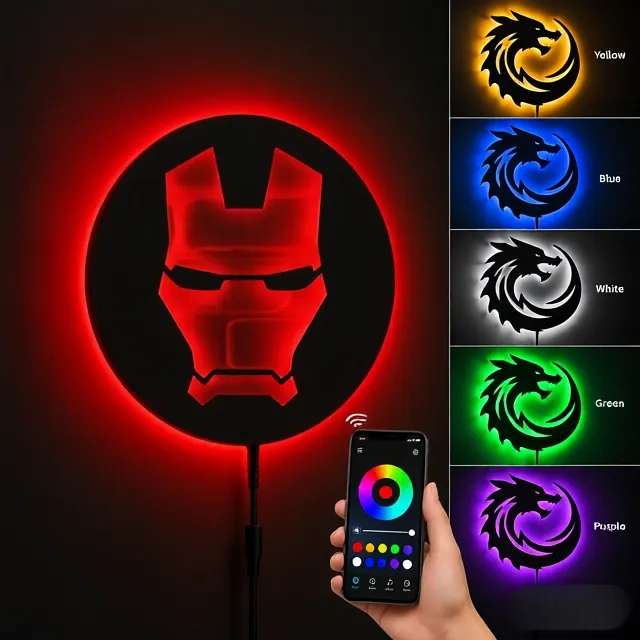 Iron Man LED wall lamp featuring a black helmet silhouette with glowing red and yellow-orange lighting on a brick wall

