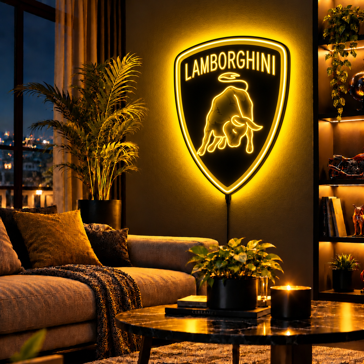 Lamborghini shield logo LED wall sign glowing yellow above a sofa in a modern living room