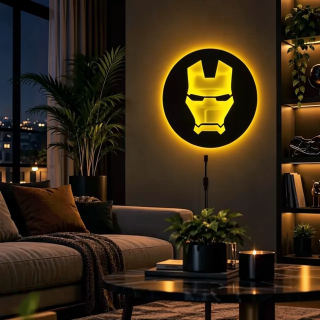 Iron Man LED wall lamp featuring a black helmet silhouette with glowing red and yellow-orange lighting on a brick wall
