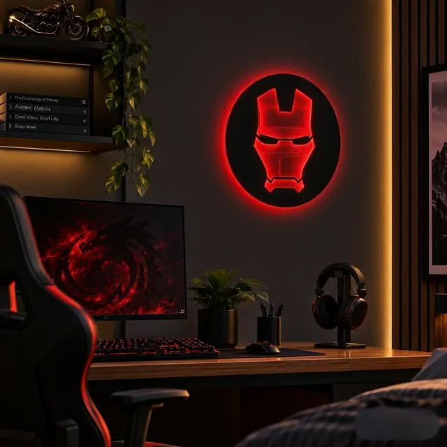 Iron Man LED wall lamp featuring a black helmet silhouette with glowing red and yellow-orange lighting on a brick wall

