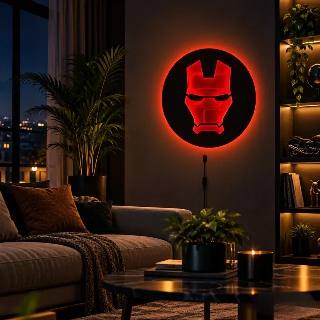Iron Man LED wall lamp featuring a black helmet silhouette with glowing red and yellow-orange lighting on a brick wall
