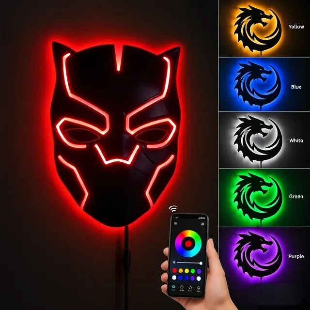 Black Panther-inspired LED wall lamp featuring a black superhero mask with glowing purple and pink backlighting on a brick wall
