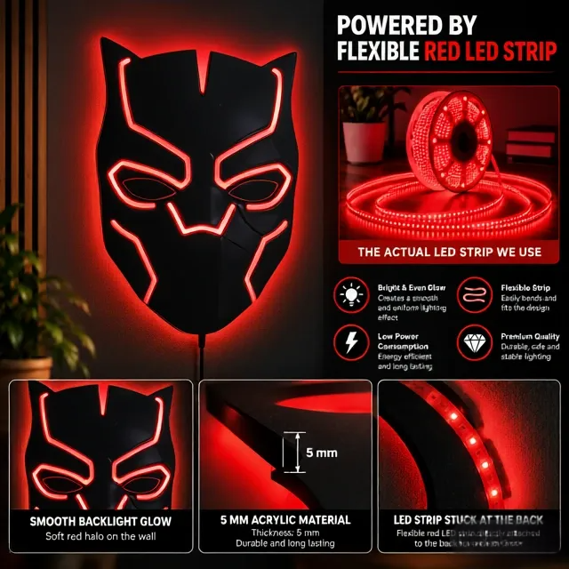 Black Panther-inspired LED wall lamp featuring a black superhero mask with glowing purple and pink backlighting on a brick wall
