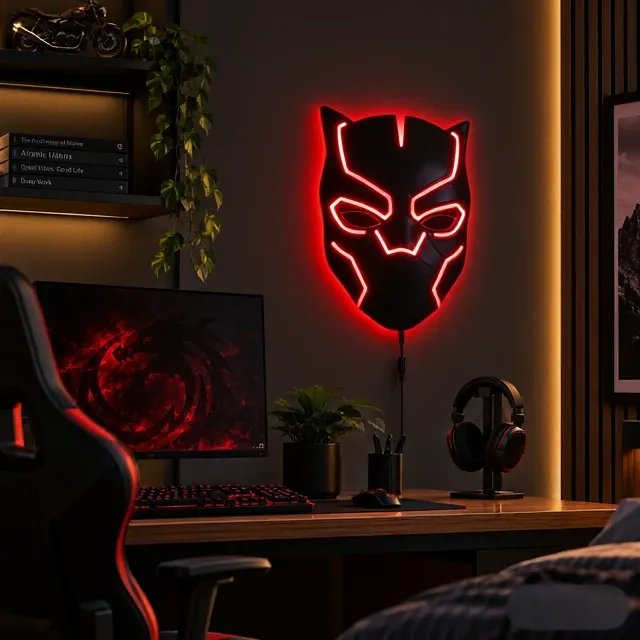 Black Panther-inspired LED wall lamp featuring a black superhero mask with glowing purple and pink backlighting on a brick wall
