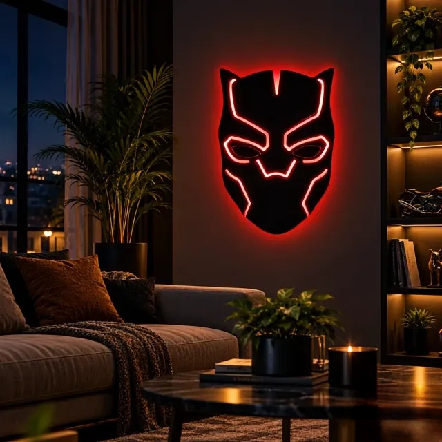 Black Panther-inspired LED wall lamp featuring a black superhero mask with glowing purple and pink backlighting on a brick wall

