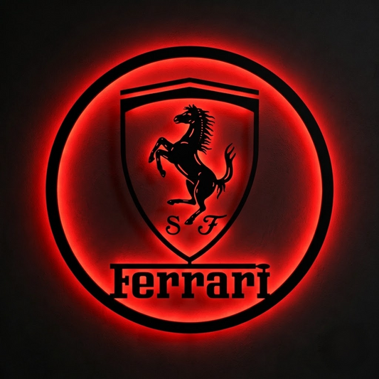 Porsche shield logo LED wall sign with warm golden backlighting on a dark wall
