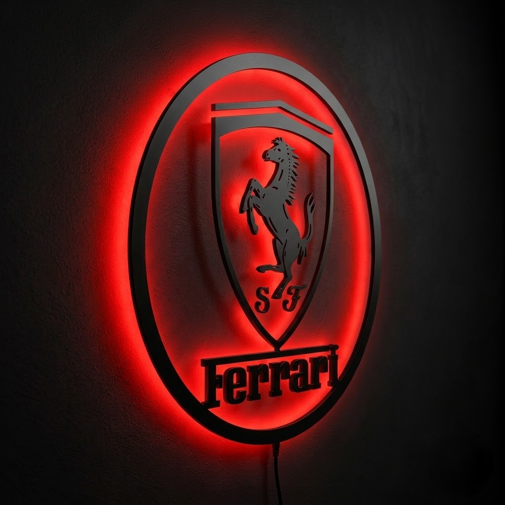Porsche shield logo LED wall sign with warm golden backlighting on a dark wall