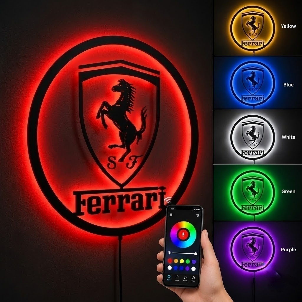 Porsche shield logo LED wall sign with warm golden backlighting on a dark wall