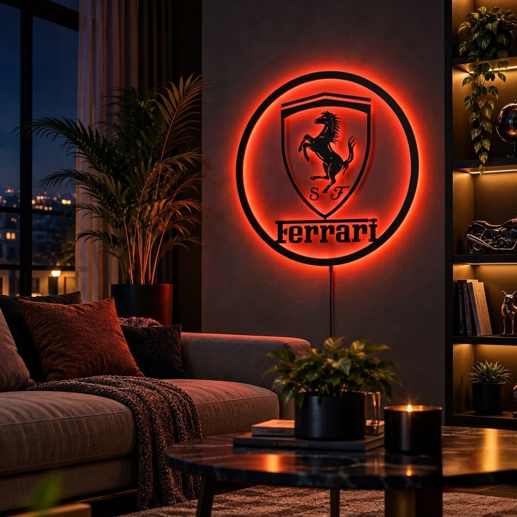 Porsche shield logo LED wall sign with warm golden backlighting on a dark wall