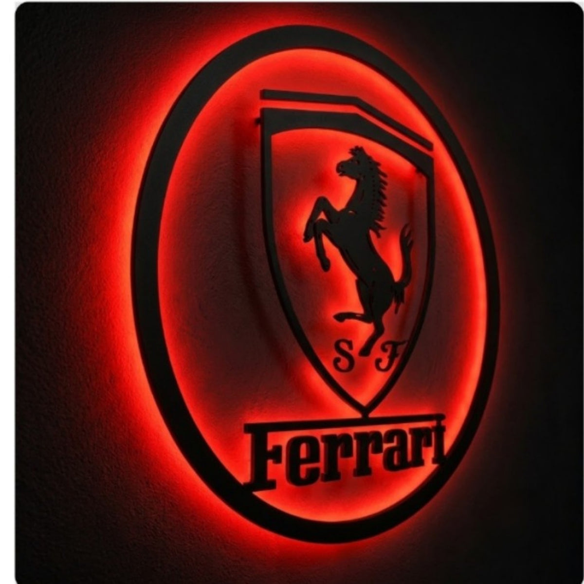 Porsche shield logo LED wall sign with warm golden backlighting on a dark wall