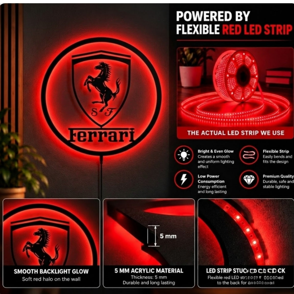 Porsche shield logo LED wall sign with warm golden backlighting on a dark wall