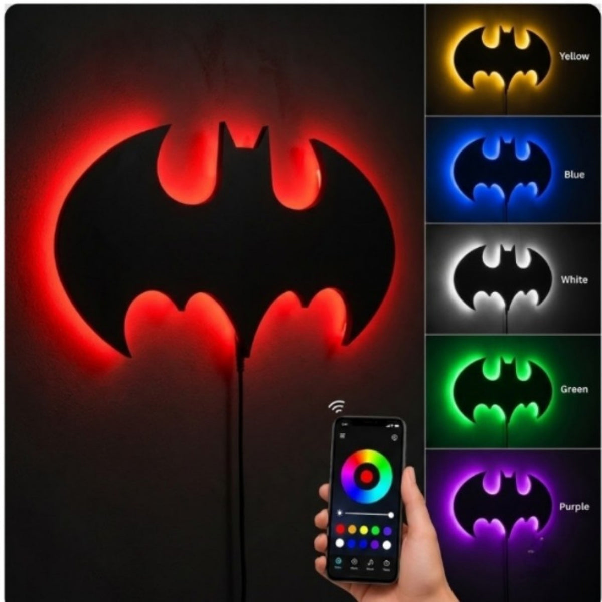 Premium Batman LED wall lamp with warm yellow glowing emblem on dark wall