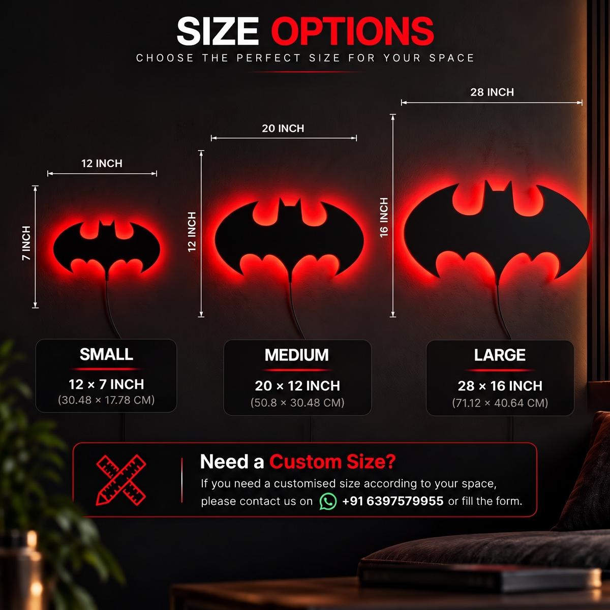Premium Batman LED wall lamp with warm yellow glowing emblem on dark wall