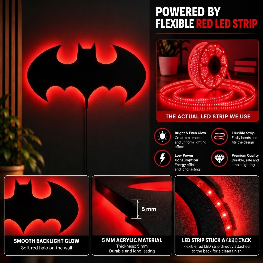 Premium Batman LED wall lamp with warm yellow glowing emblem on dark wall