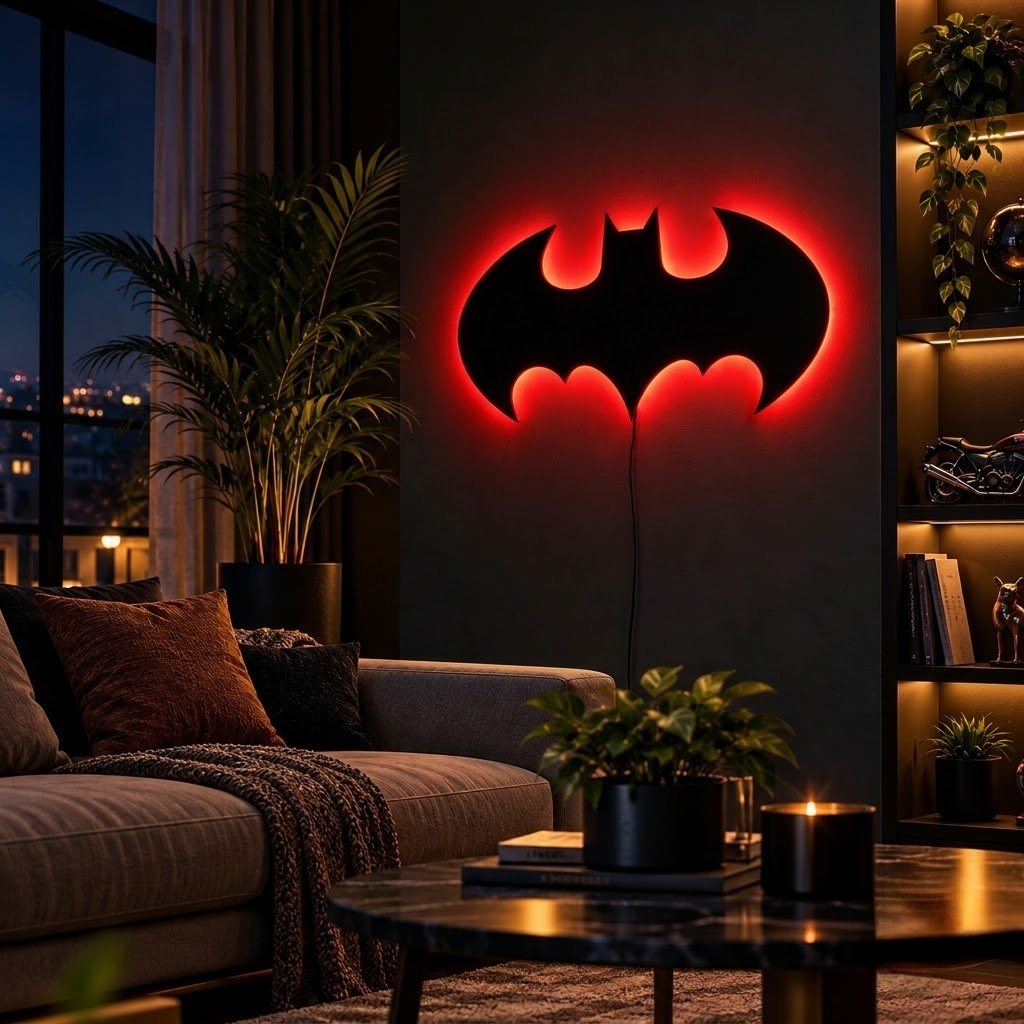 Premium Batman LED wall lamp with warm yellow glowing emblem on dark wall