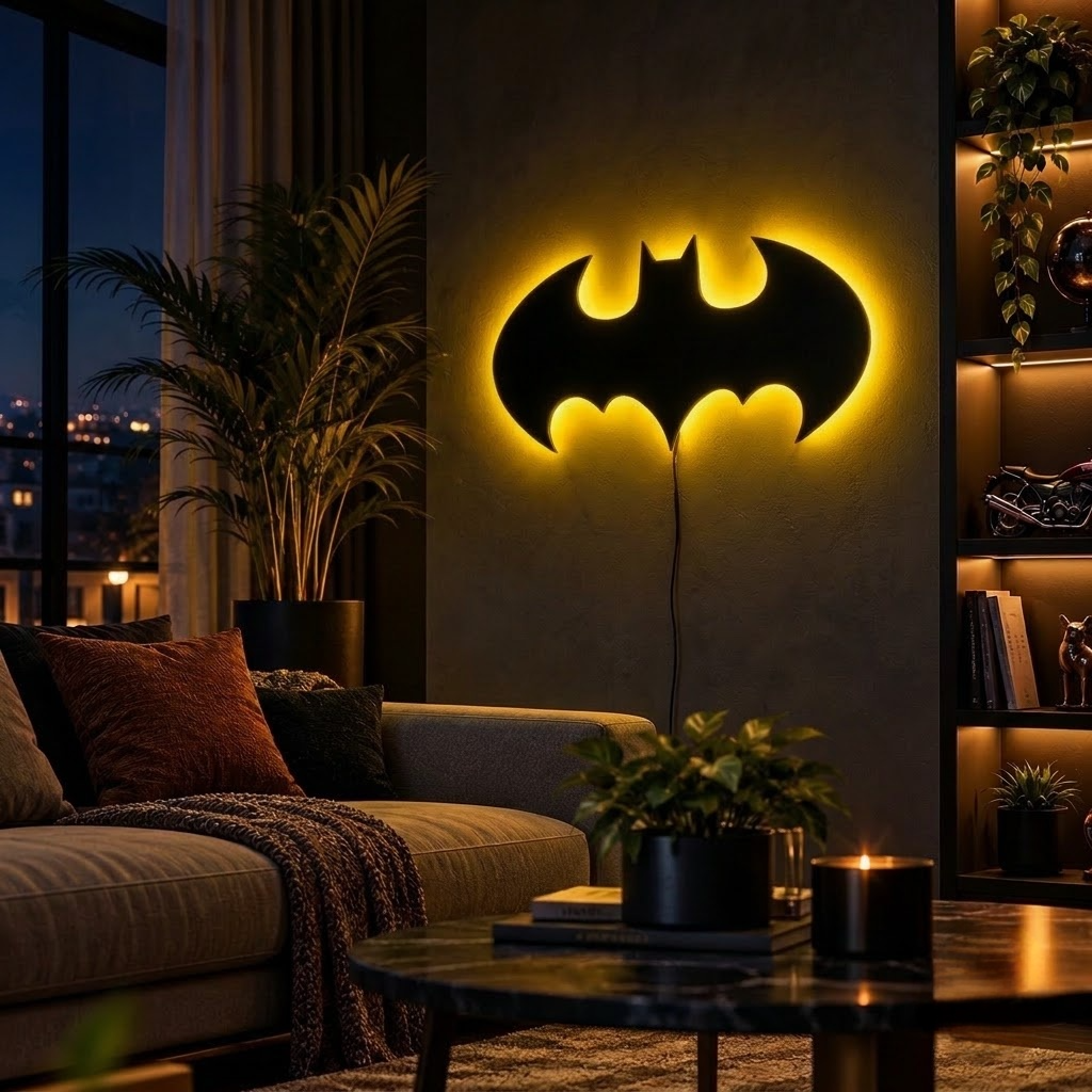 Premium Batman LED wall lamp with warm yellow glowing emblem on dark wall