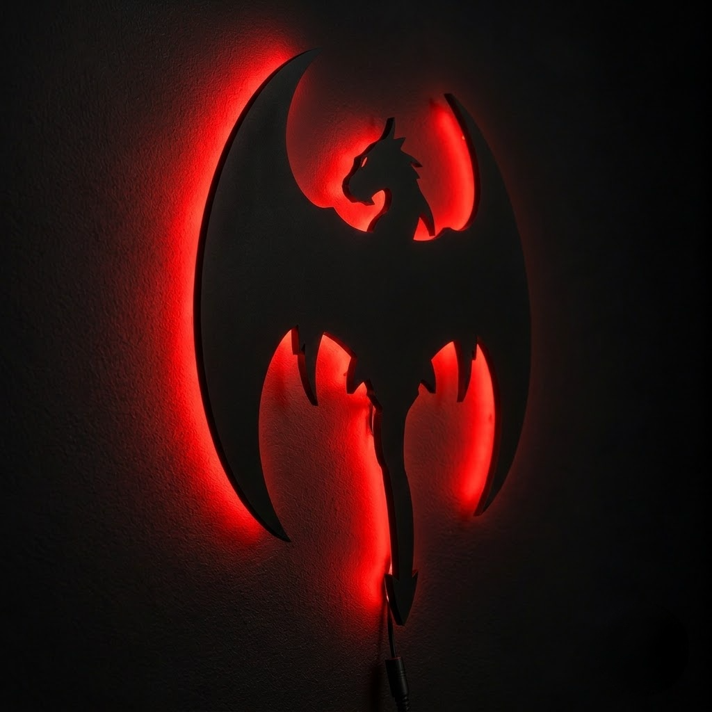 Dragon LED wall lamp with glowing pink, orange, and red dragon design on a blue background
