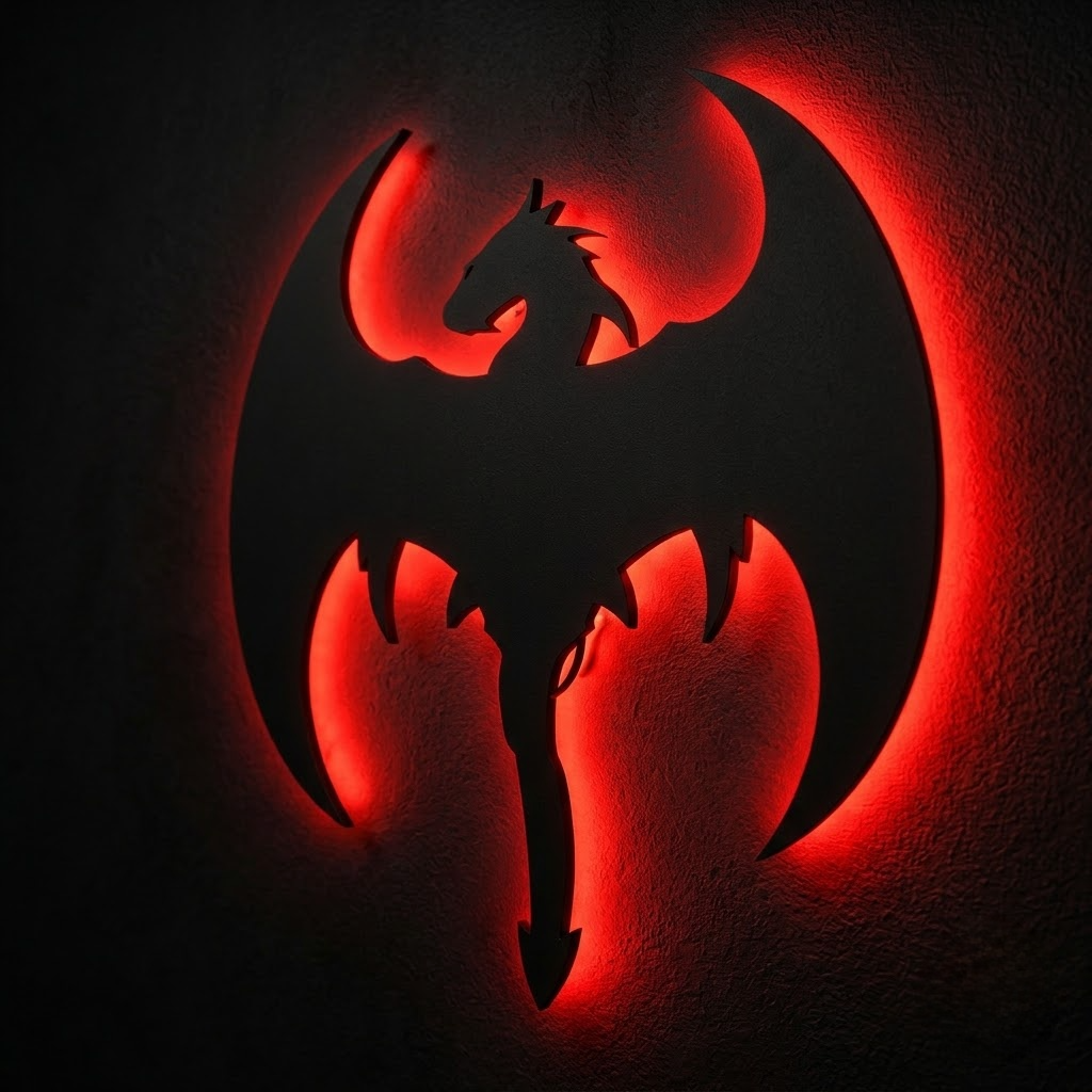 Dragon LED wall lamp with glowing pink, orange, and red dragon design on a blue background

