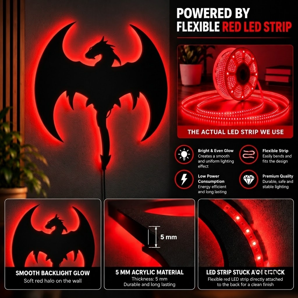 Dragon LED wall lamp with glowing pink, orange, and red dragon design on a blue background
