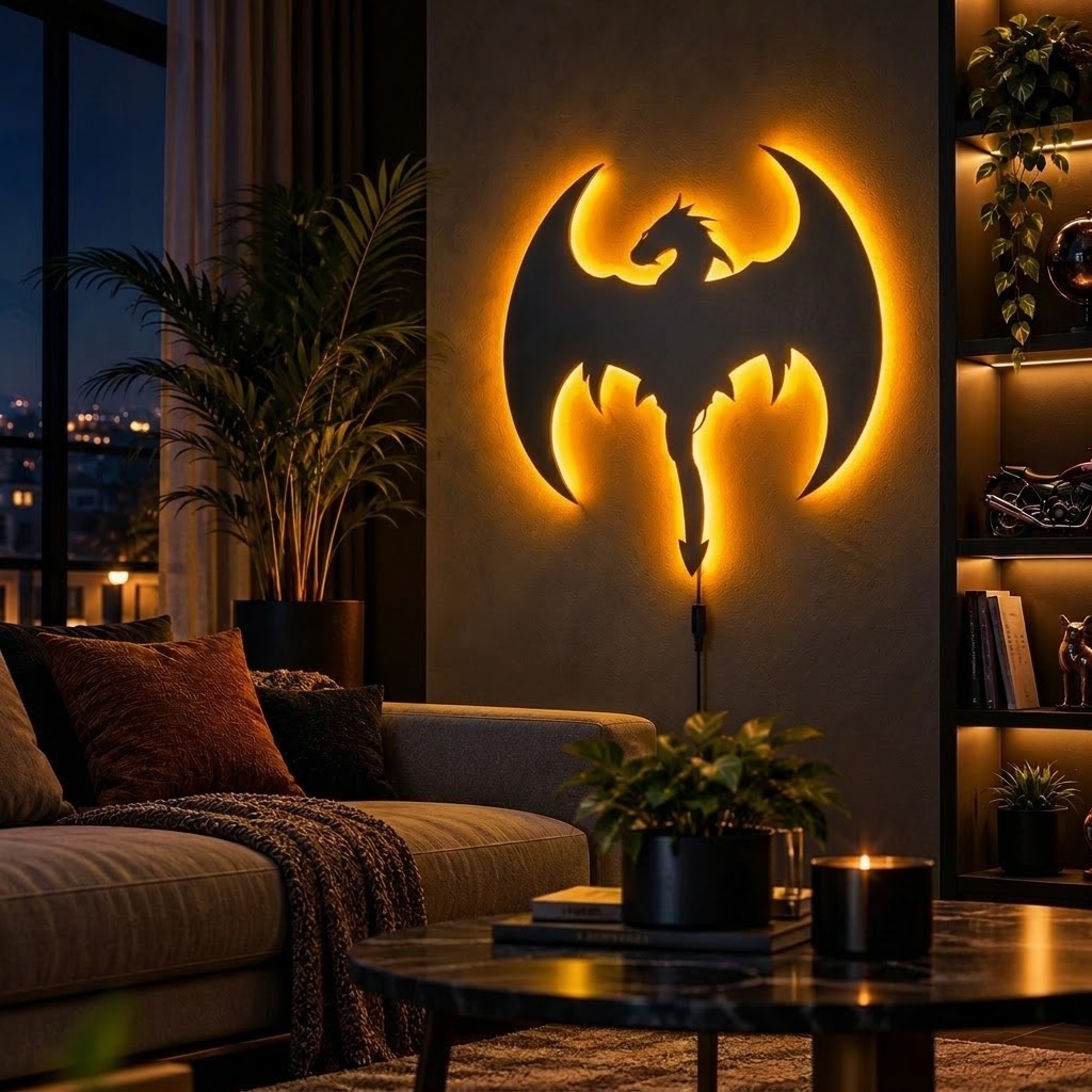 Dragon LED wall lamp with glowing pink, orange, and red dragon design on a blue background
