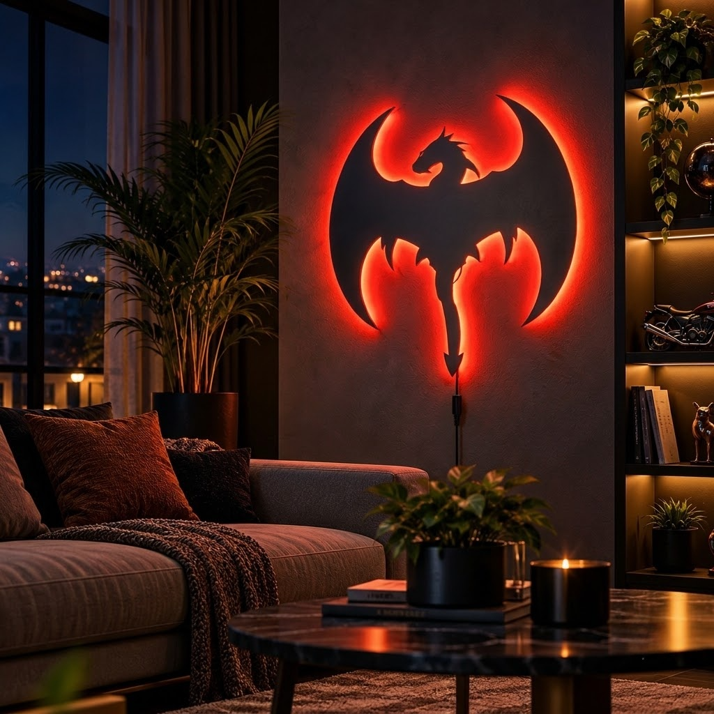 Dragon LED wall lamp with glowing pink, orange, and red dragon design on a blue background
