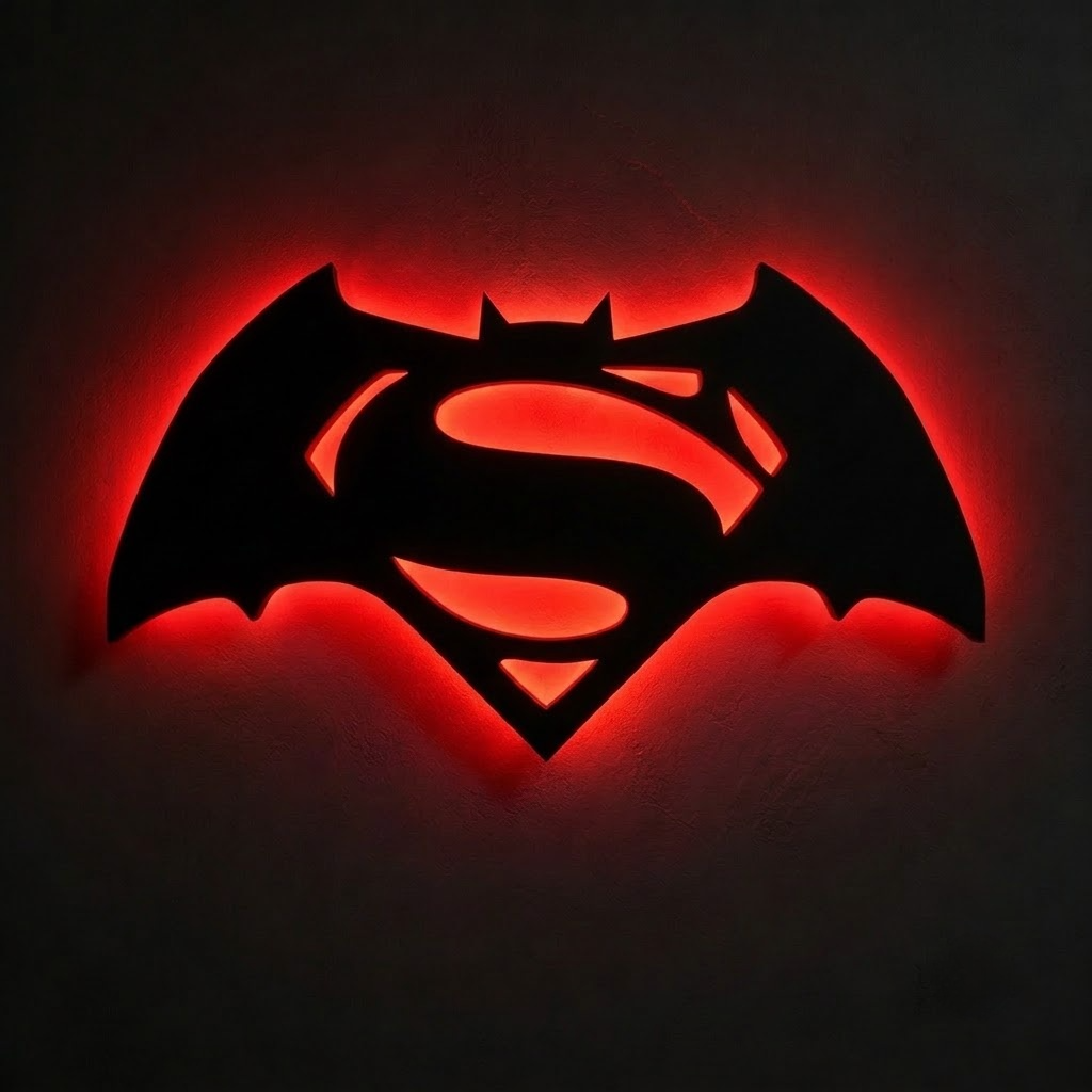 Batman Superman combination LED wall lamp featuring a black superhero emblem with a glowing red orange and yellow background
