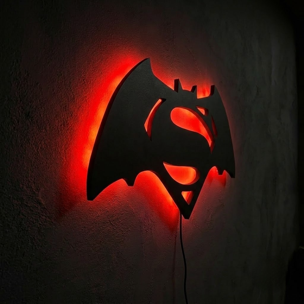 Batman Superman combination LED wall lamp featuring a black superhero emblem with a glowing red orange and yellow background
