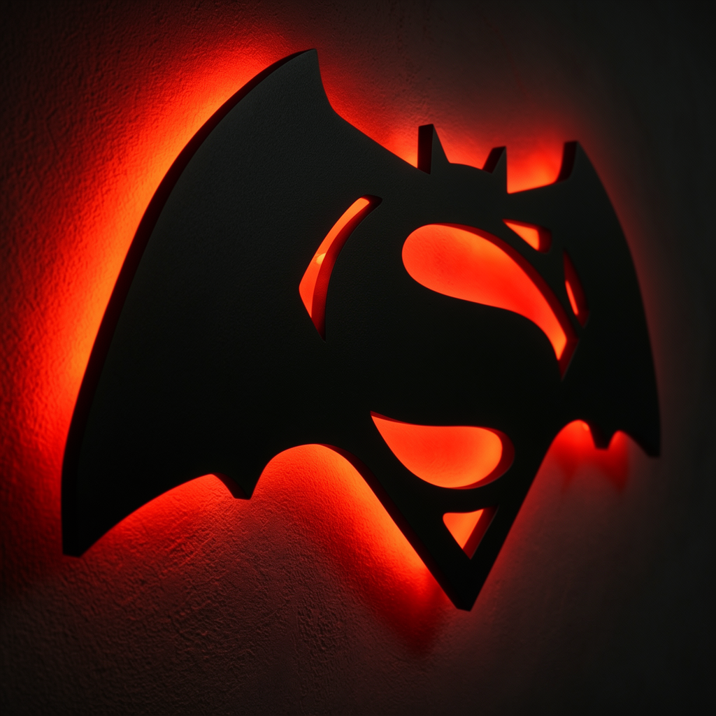 Batman Superman combination LED wall lamp featuring a black superhero emblem with a glowing red orange and yellow background
