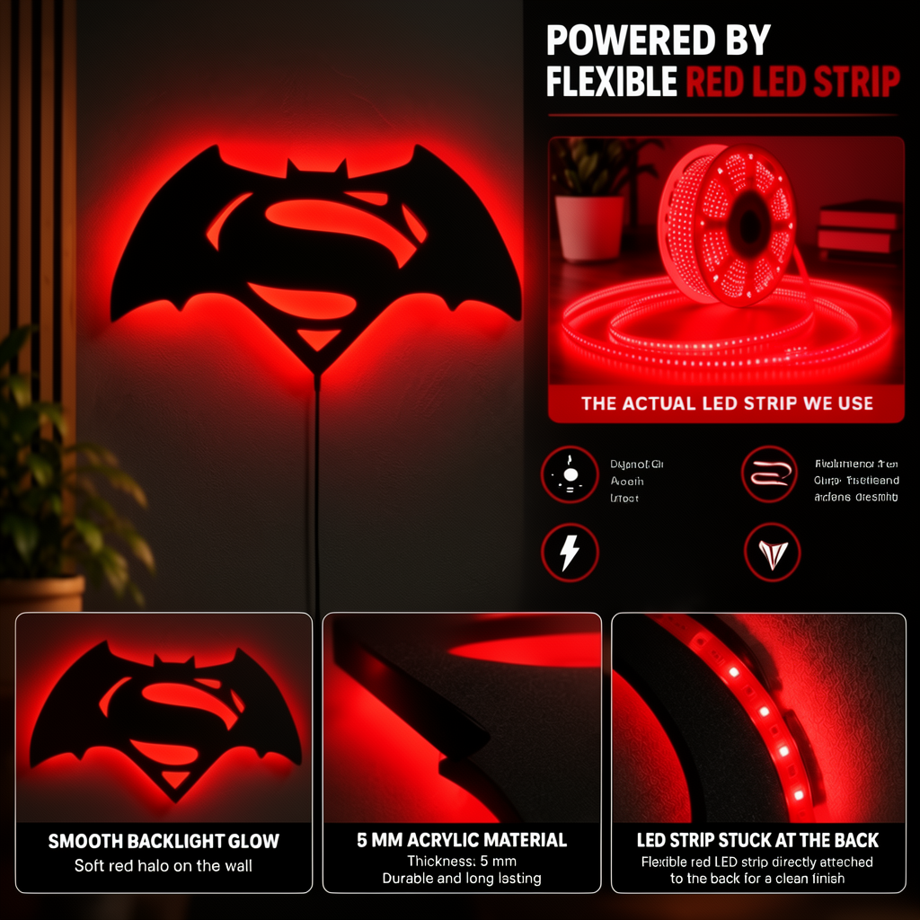 Batman Superman combination LED wall lamp featuring a black superhero emblem with a glowing red orange and yellow background
