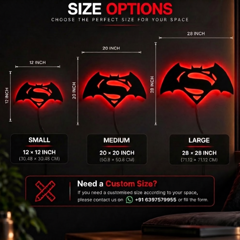 Batman Superman combination LED wall lamp featuring a black superhero emblem with a glowing red orange and yellow background
