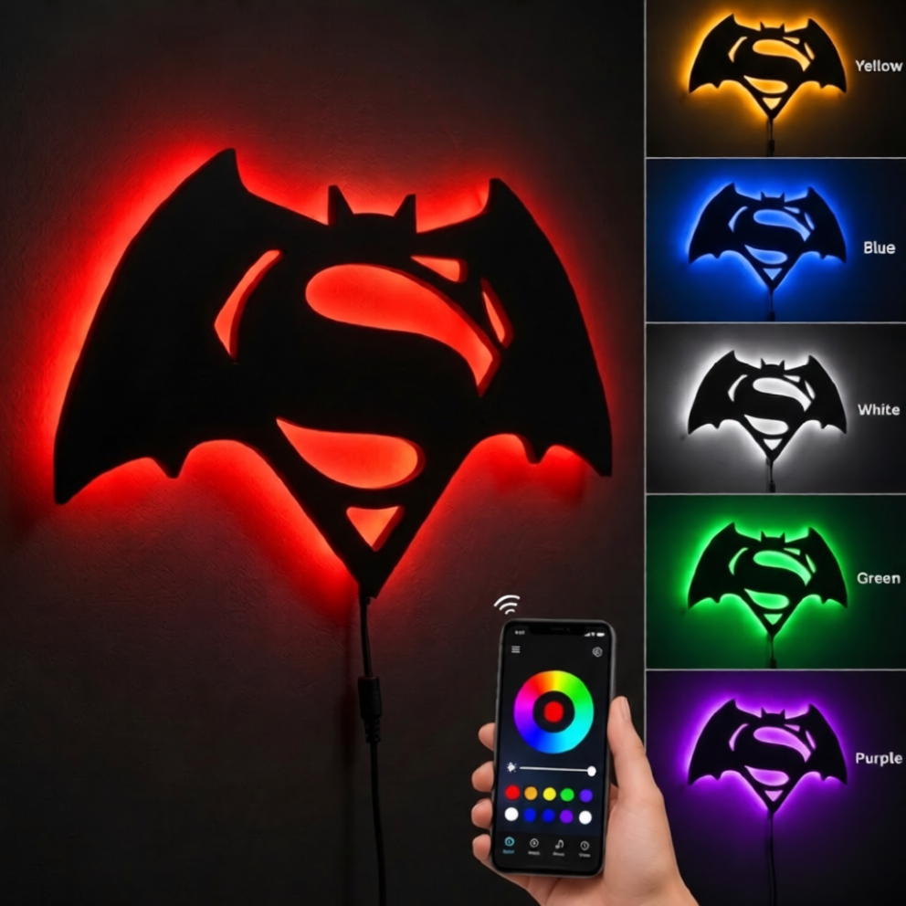 Batman Superman combination LED wall lamp featuring a black superhero emblem with a glowing red orange and yellow background
