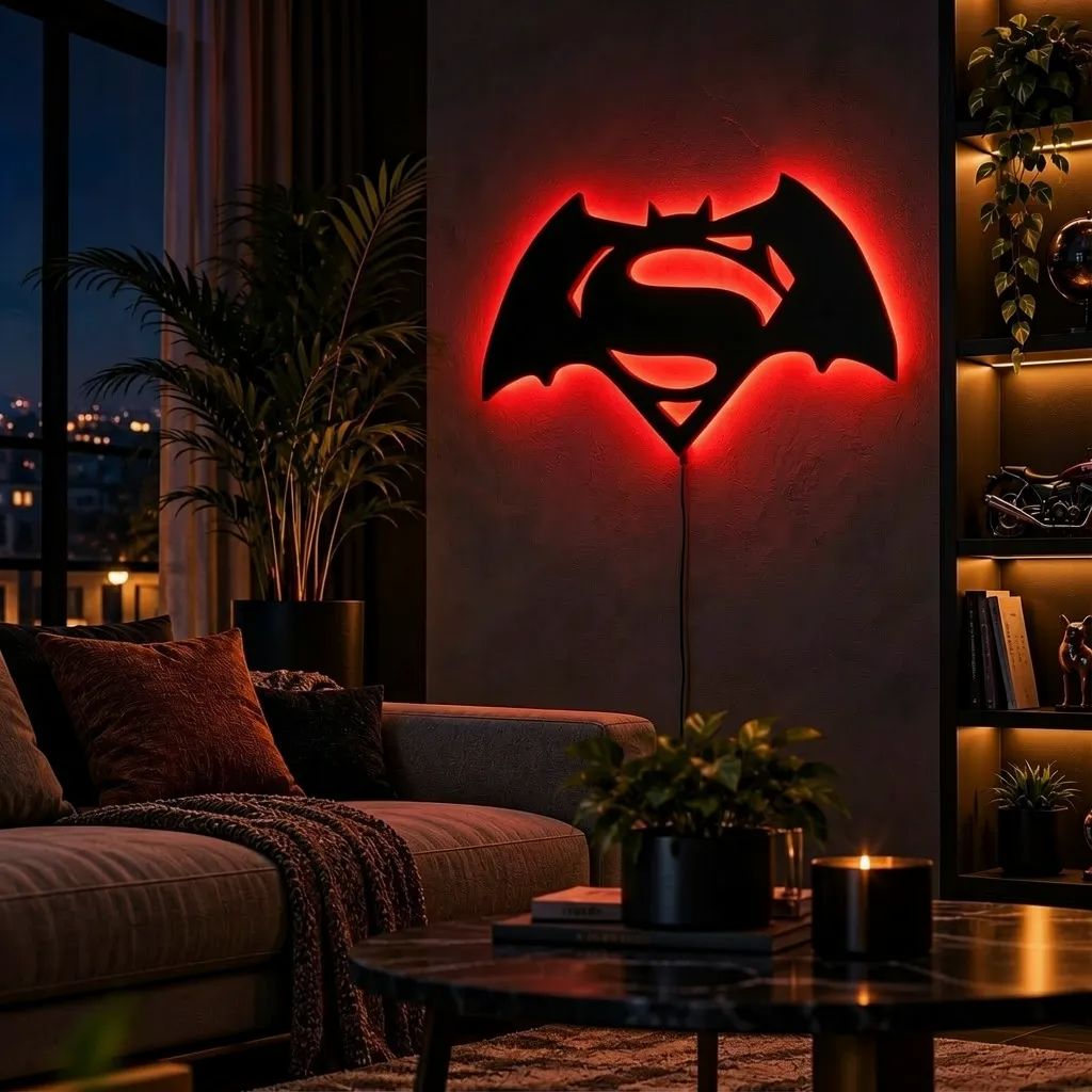 Batman Superman combination LED wall lamp featuring a black superhero emblem with a glowing red orange and yellow background
