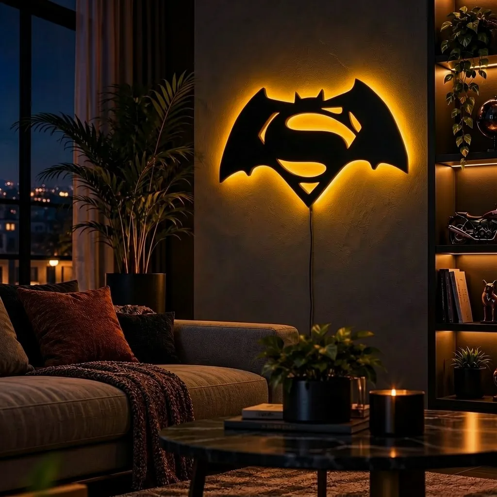 Batman Superman combination LED wall lamp featuring a black superhero emblem with a glowing red orange and yellow background
