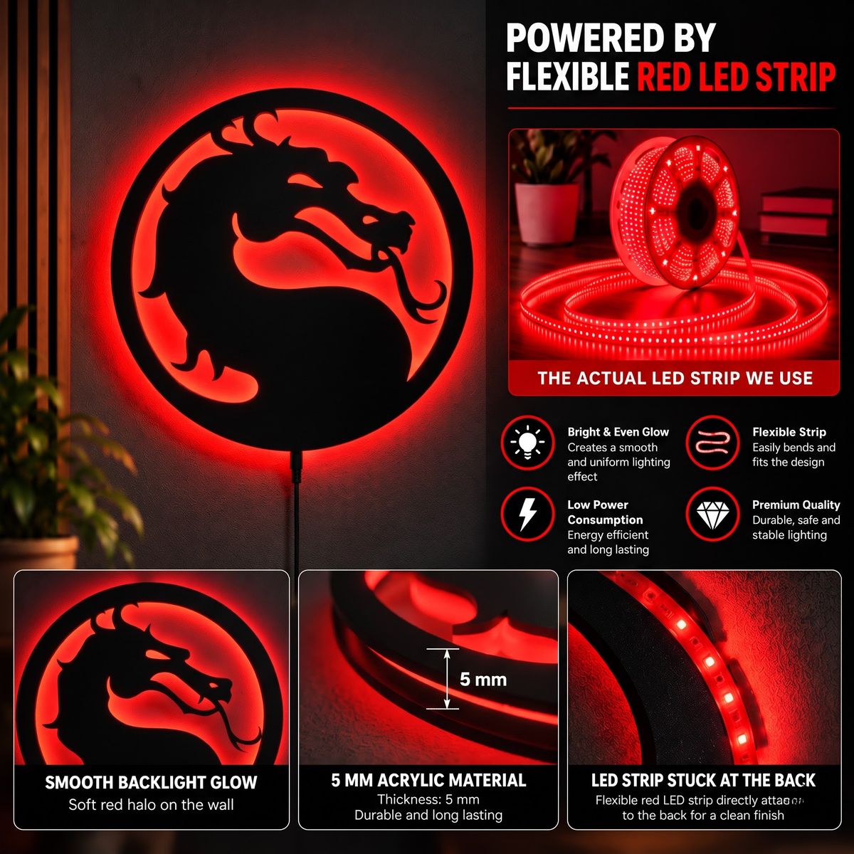 Premium Dragon LED Wall Lamp with glowing dragon silhouette wall decor