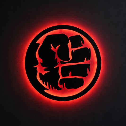 Black circular Hulk-inspired LED wall lamp with vibrant green backlighting for superhero and gaming room decor
