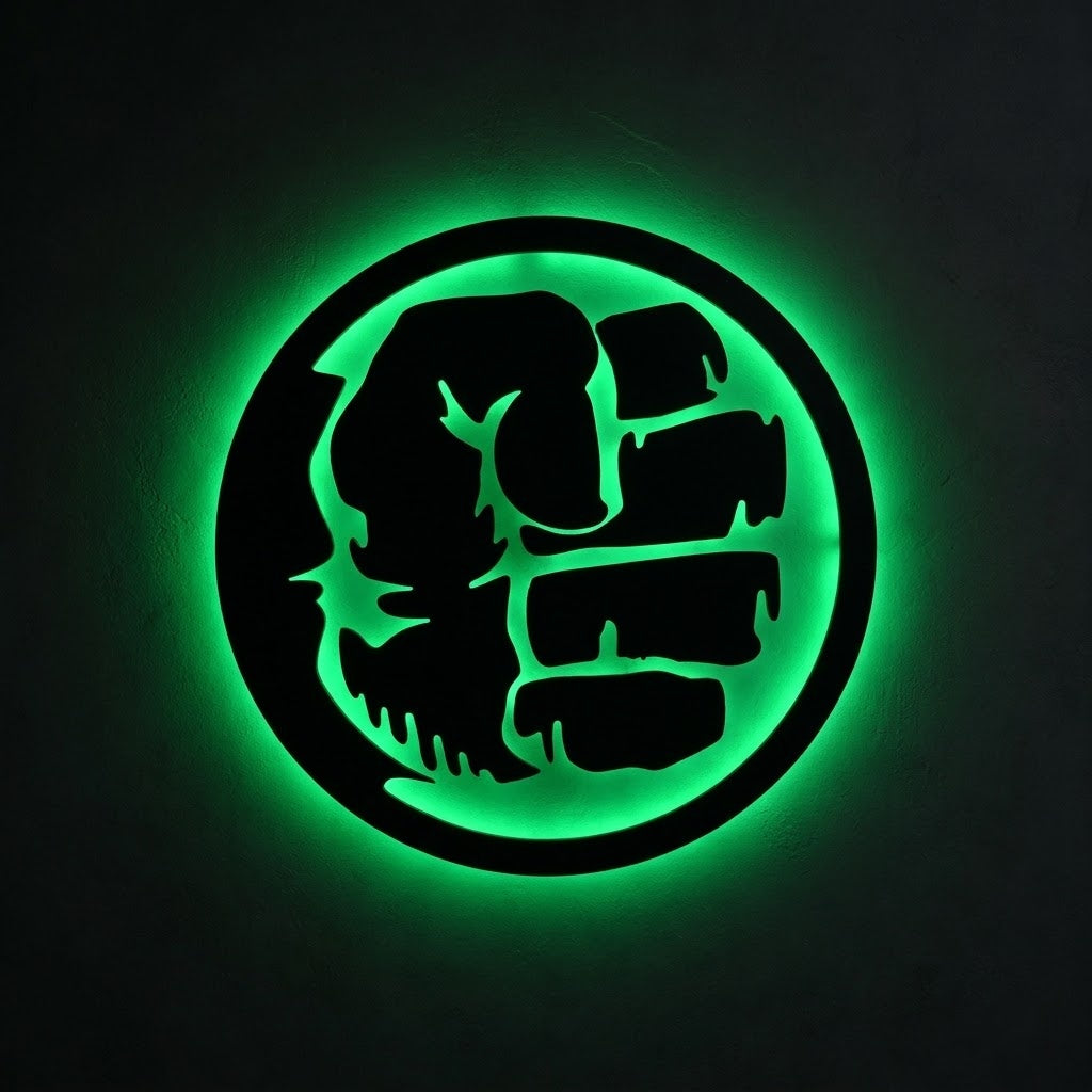 Black circular Hulk-inspired LED wall lamp with vibrant green backlighting for superhero and gaming room decor
