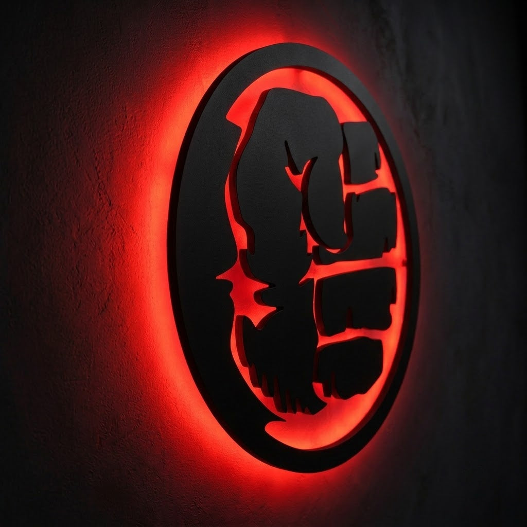 Black circular Hulk-inspired LED wall lamp with vibrant green backlighting for superhero and gaming room decor
