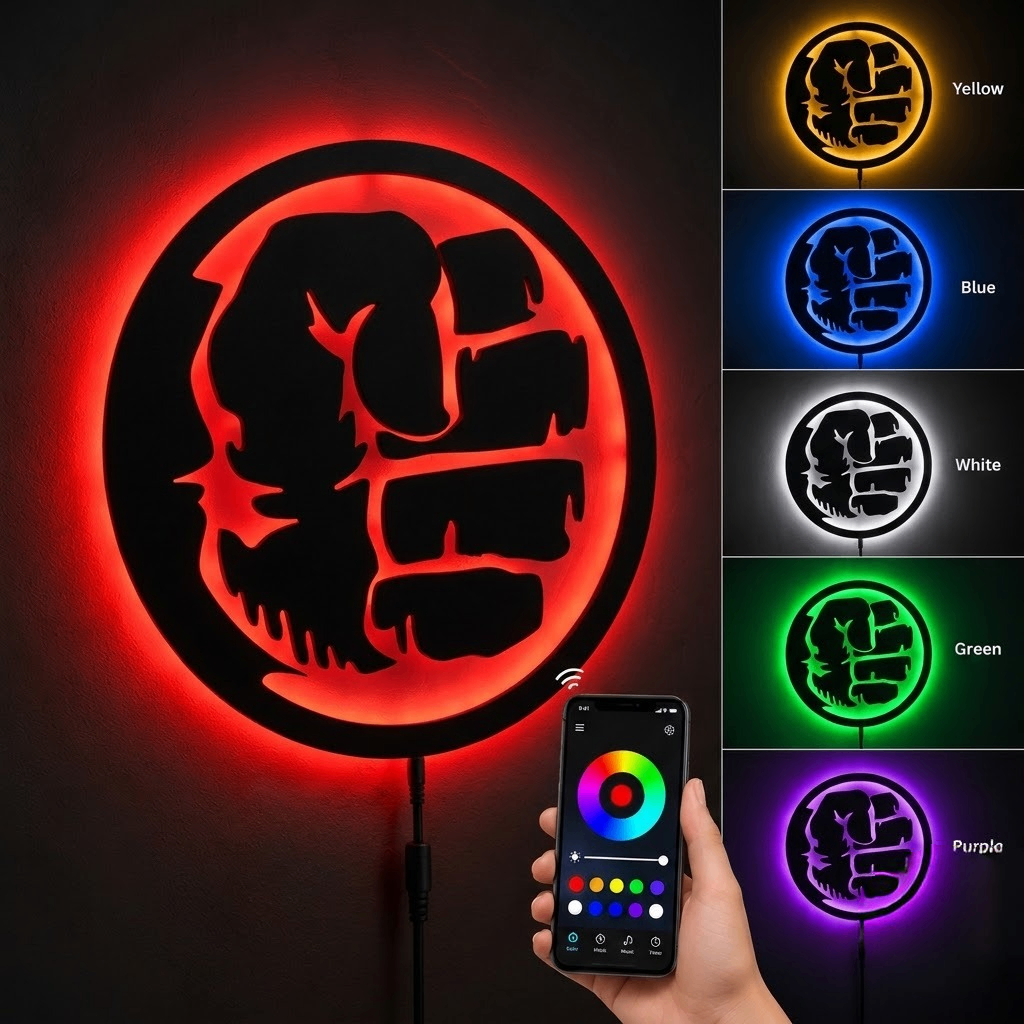 Black circular Hulk-inspired LED wall lamp with vibrant green backlighting for superhero and gaming room decor
