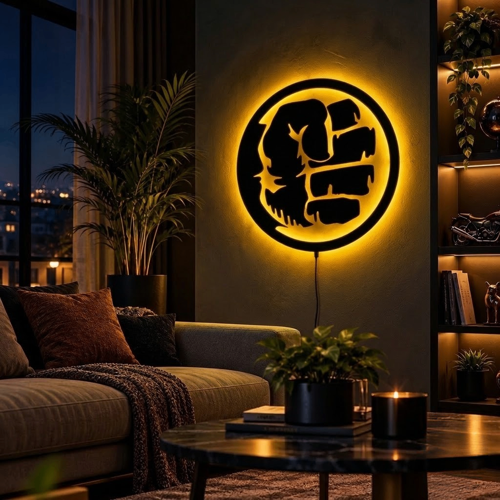 Black circular Hulk-inspired LED wall lamp with vibrant green backlighting for superhero and gaming room decor

