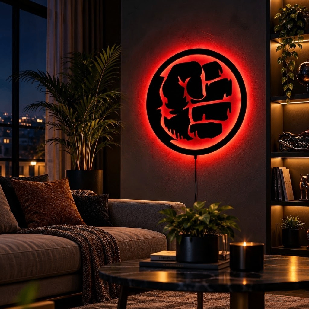 Black circular Hulk-inspired LED wall lamp with vibrant green backlighting for superhero and gaming room decor
