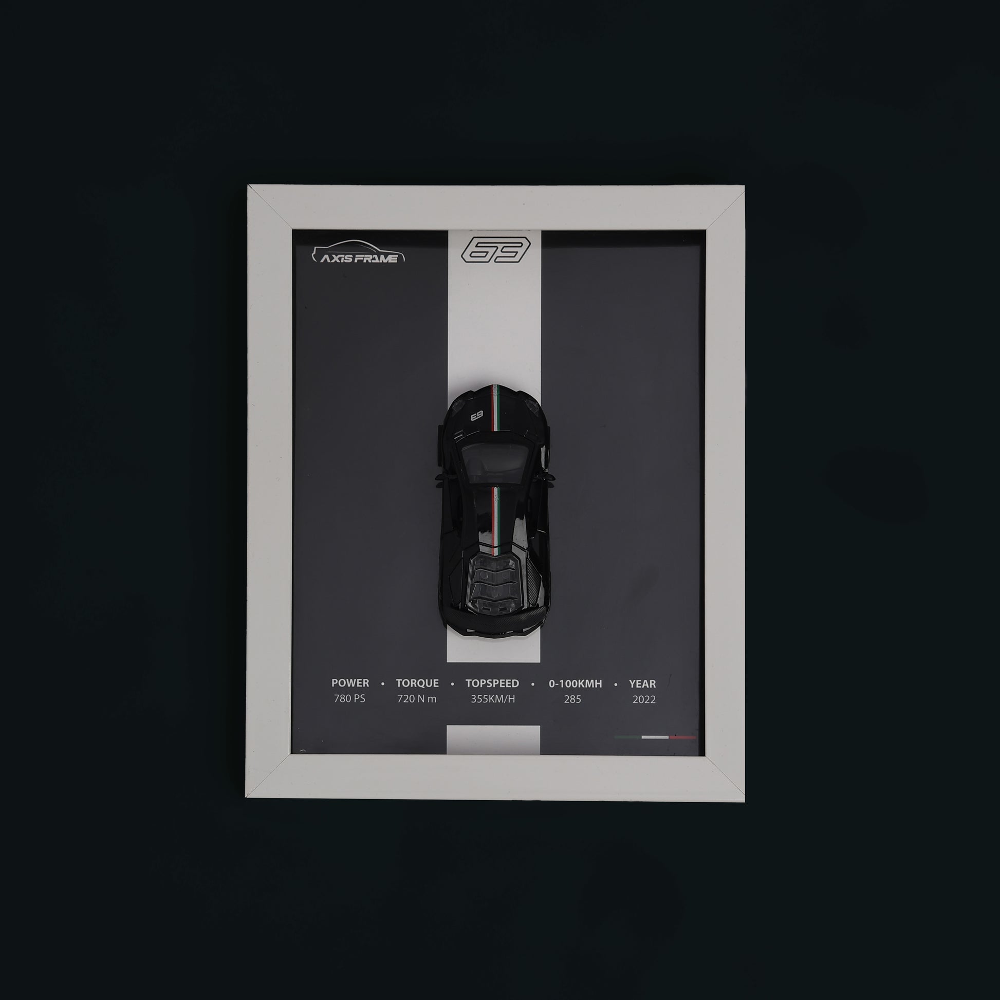 Framed display of a black car model with specifications on a dark background