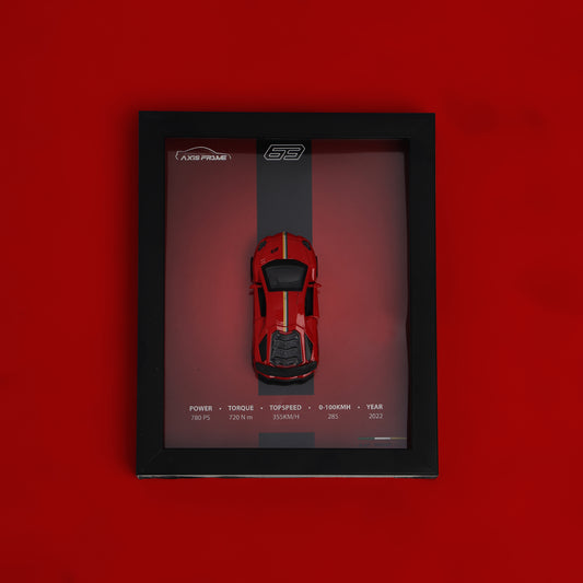 Red toy car in a black frame on a red background